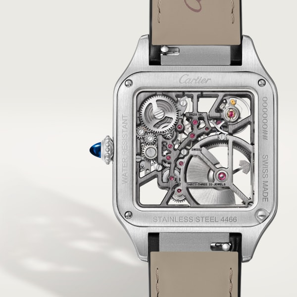 Santos-Dumont skeleton watch equipped with a micro-rotor Large model, automatic skeleton movement, steel, lacquer, 2 leather straps
