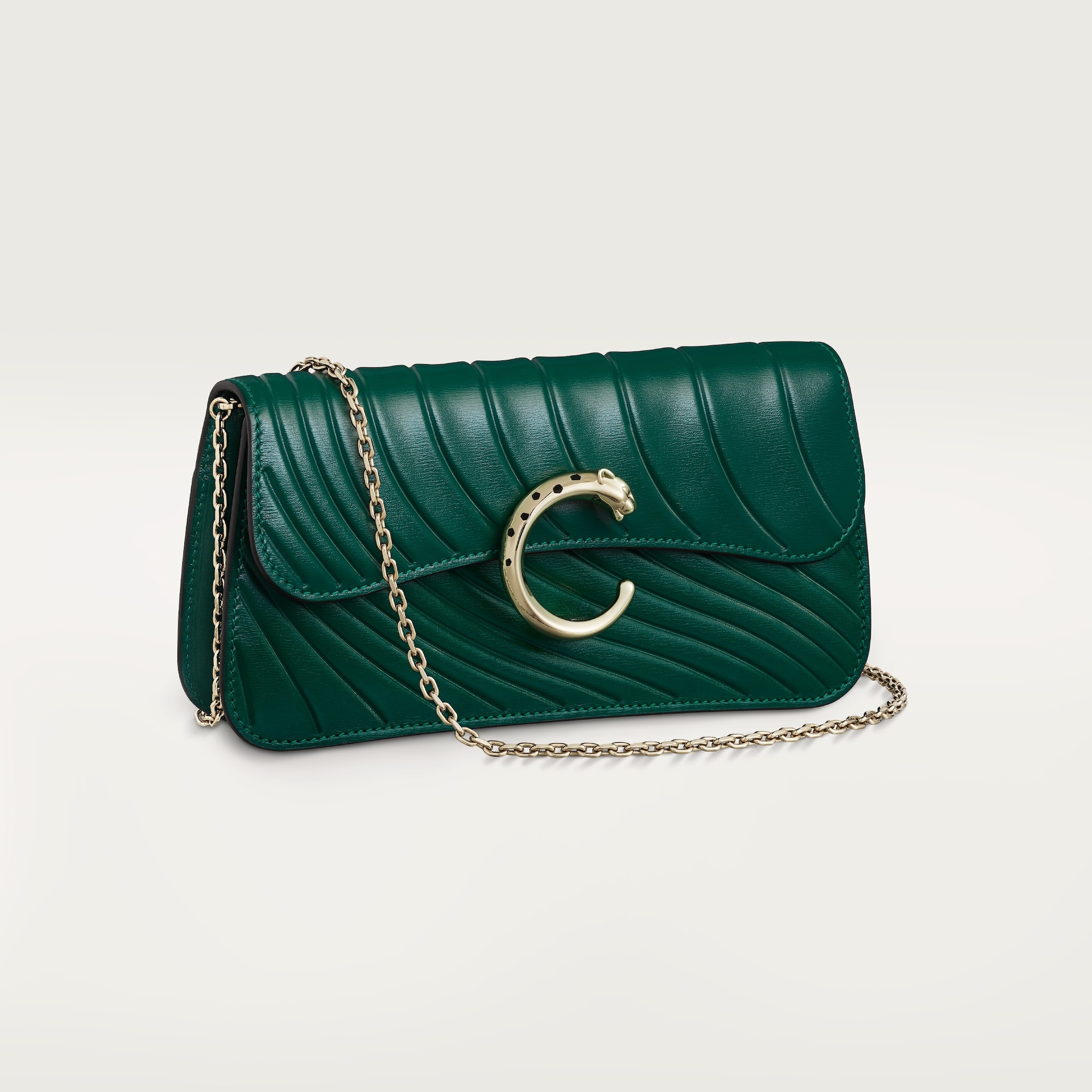 Chain bag mini, Panthère de CartierEmerald green calfskin with embossed Cartier signature motif, golden finish
