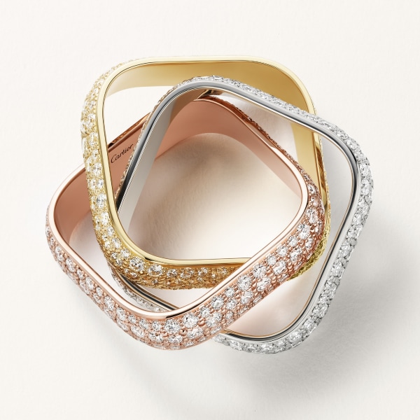 Trinity cushion ring, large model, paved White gold, yellow gold, rose gold