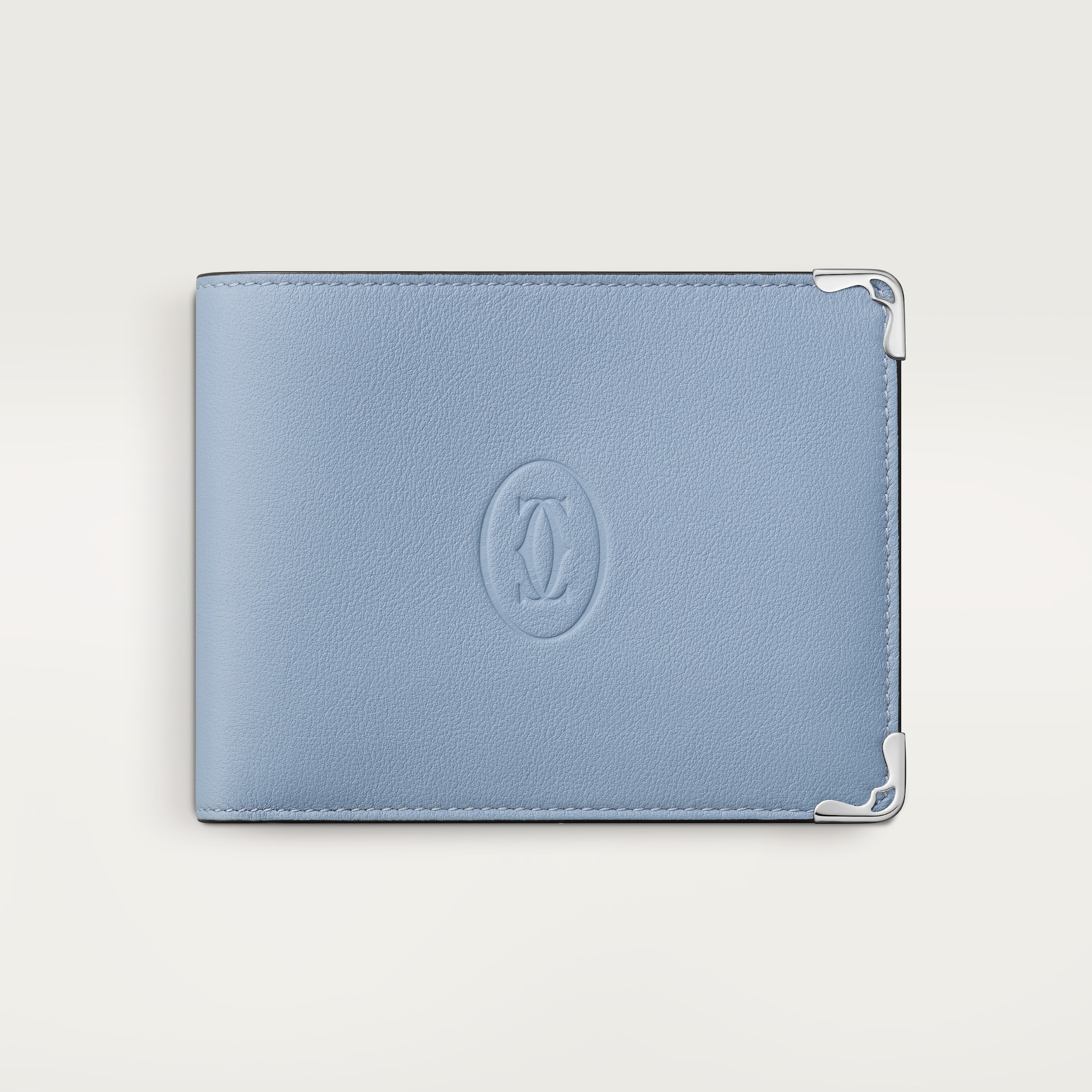 6 credit card compact wallet, Must de CartierSky blue calfskin, palladium finish