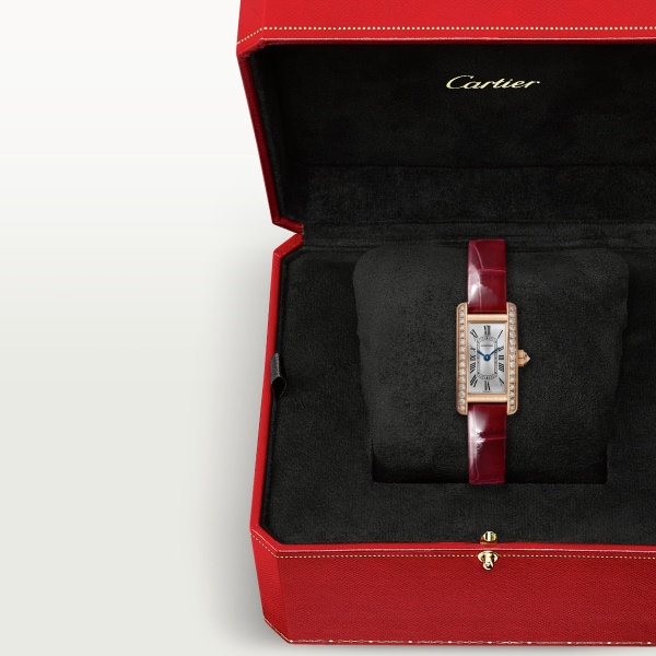 Tank Américaine watch Mini model, quartz movement, rose gold, diamonds, leather