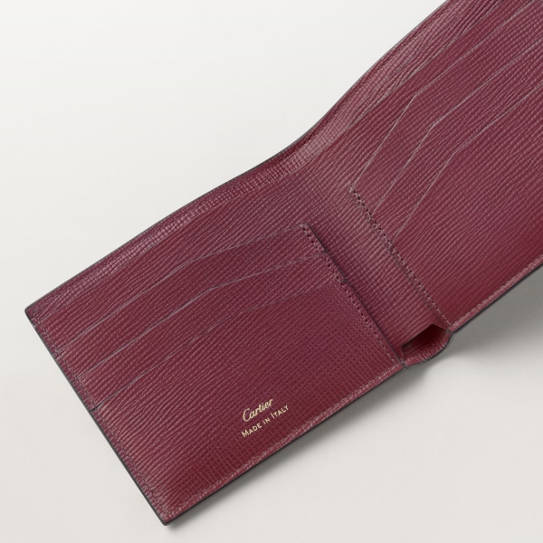 6 credit card wallet, Cartier Losange Burgundy grained calfskin, golden finish and burgundy enamel