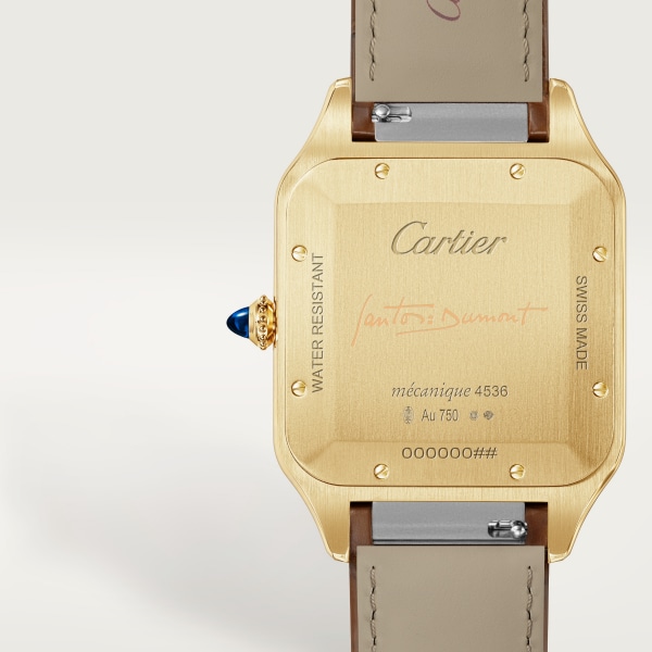 Santos-Dumont watch Extra-large model, manual mechanical movement, yellow gold, leather
