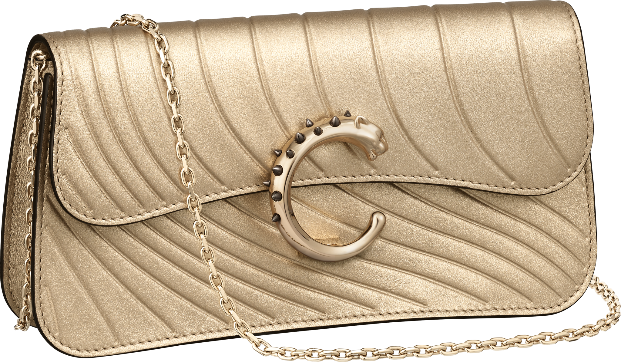 Chain bag mini model, Panthère de CartierGolden metallic calfskin, embossed Cartier signature motif, clasp, golden finish 