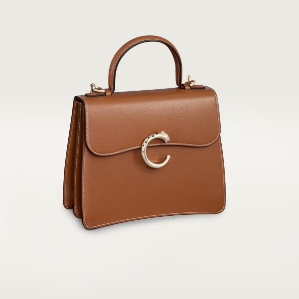Top handle bag small model, Panthère de Cartier Caramel calfskin, golden finish