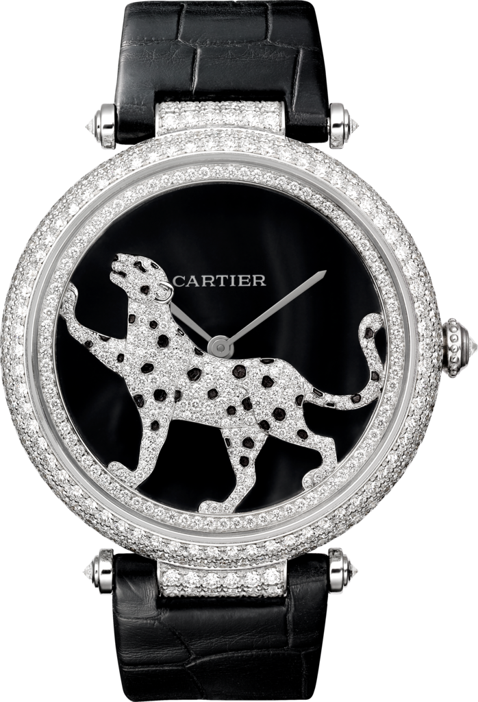 Joaillère Panthère 腕表42毫米表款，自动机芯，18K白金，钻石，皮表带
