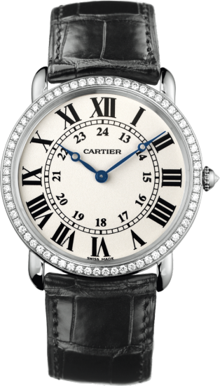 Ronde Louis Cartier watch 36mm, hand-wound mechanical movement, white gold, diamonds, leather