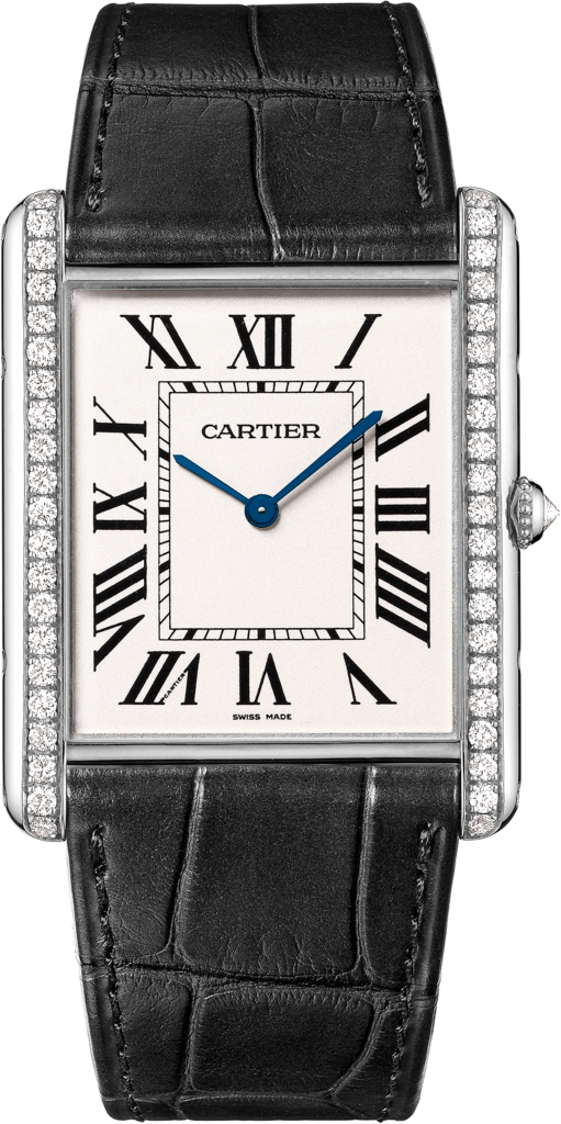 Tank Louis Cartier watchExtra-large model, hand-wound mechanical movement, white gold, diamonds, leather