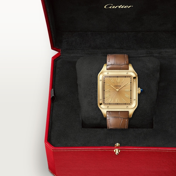 Santos-Dumont watch Extra-large model, manual mechanical movement, yellow gold, leather

