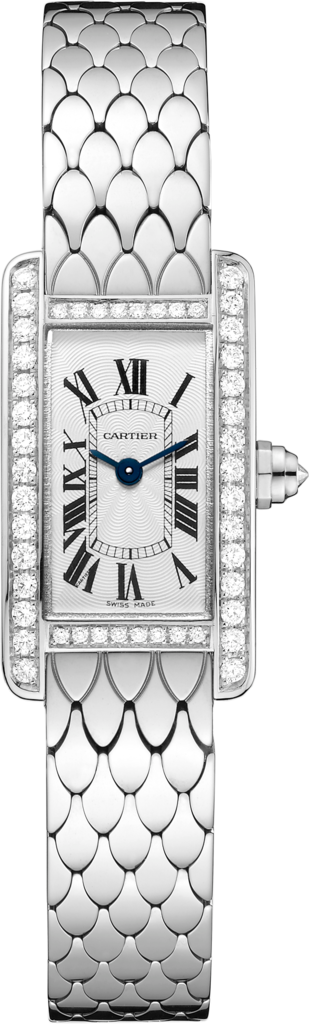 Tank Américaine watchMini model, quartz movement, white gold, diamonds