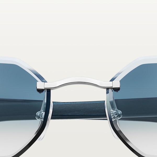 Sunglasses with Elongated C de Cartier motif Smooth platinum-finish metal, grey and blue wood, blue gradient lenses