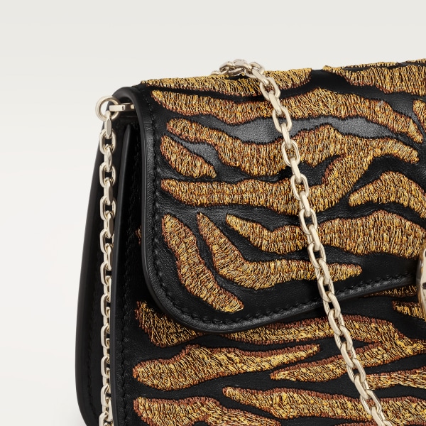 Mini model chain bag, Panthère C de Cartier Black calfskin and golden thread embroidery with tiger motif