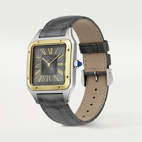 Santos-Dumont watch Large model, quartz movement, yellow gold, steel, leather