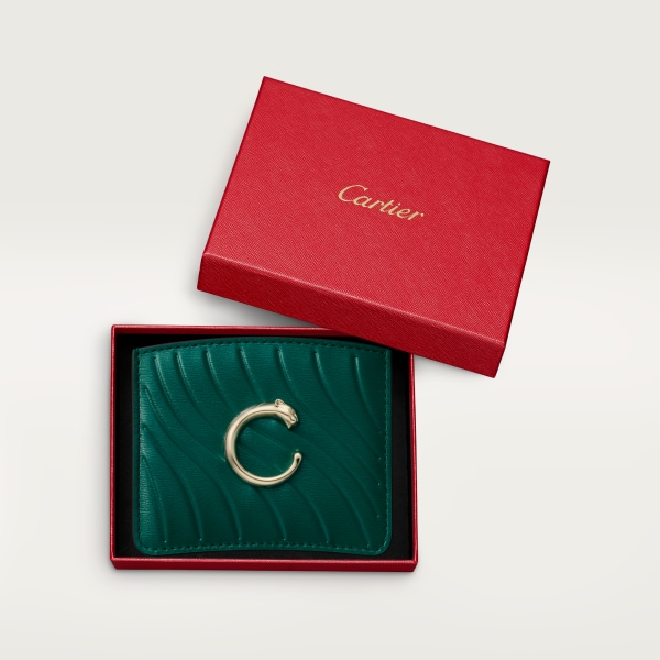 Simple card holder, Panthère de Cartier Emerald green calfskin with embossed Cartier signature motif, golden finish