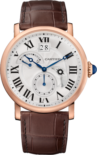 Rotonde de Cartier watch, Large Date, Retrograde Second Time Zone and Day Night Indicator 42mm, automatic movement, rose gold, leather