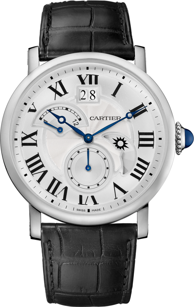 Rotonde de Cartier watch, Large Date, Retrograde Second Time Zone and Day Night Indicator42mm, automatic movement, steel, leather