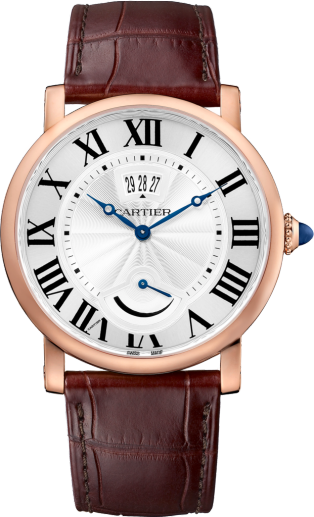 Rotonde de Cartier watch, Calendar Aperture and Power Reserve 40mm, hand-wound mechanical movement, rose gold, leather
