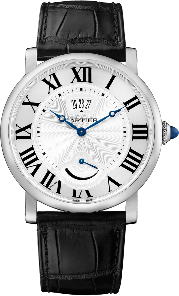 Rotonde de Cartier日历显示窗与动力储存显示腕表40毫米表款，手动上链机械机芯，精钢，皮表带