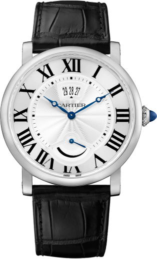 Rotonde de Cartier watch, Calendar Aperture and Power Reserve 40mm, hand-wound mechanical movement, steel, leather