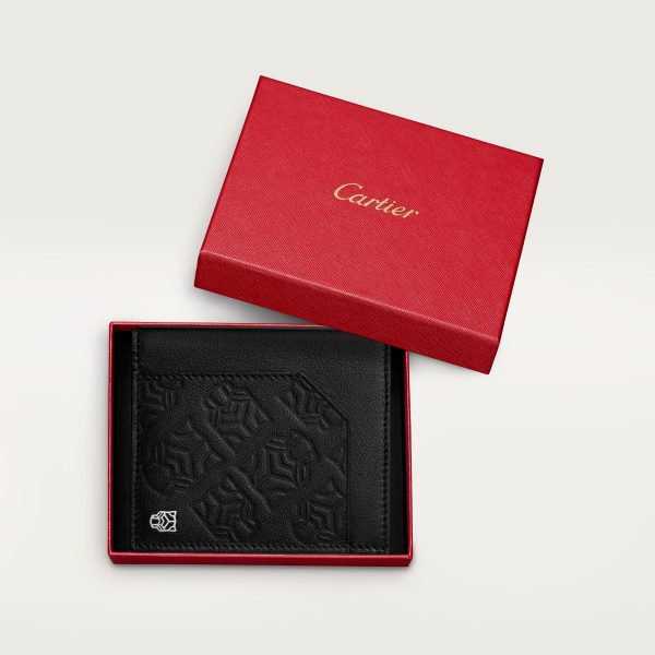 Six-credit card compact wallet, Panthère de Cartier Black embossed calfskin, palladium finish