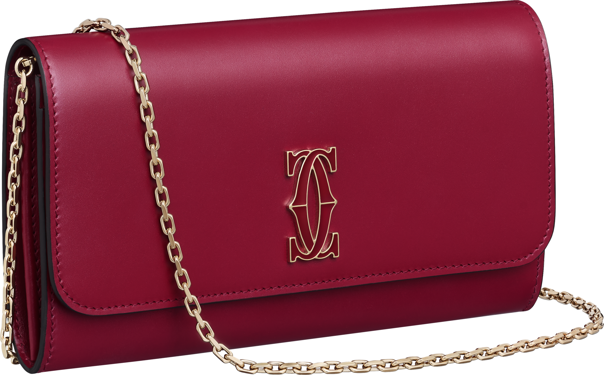 C de Cartier系列链条皮夹樱桃红色小牛皮，镀金和樱桃红色珐琅饰面