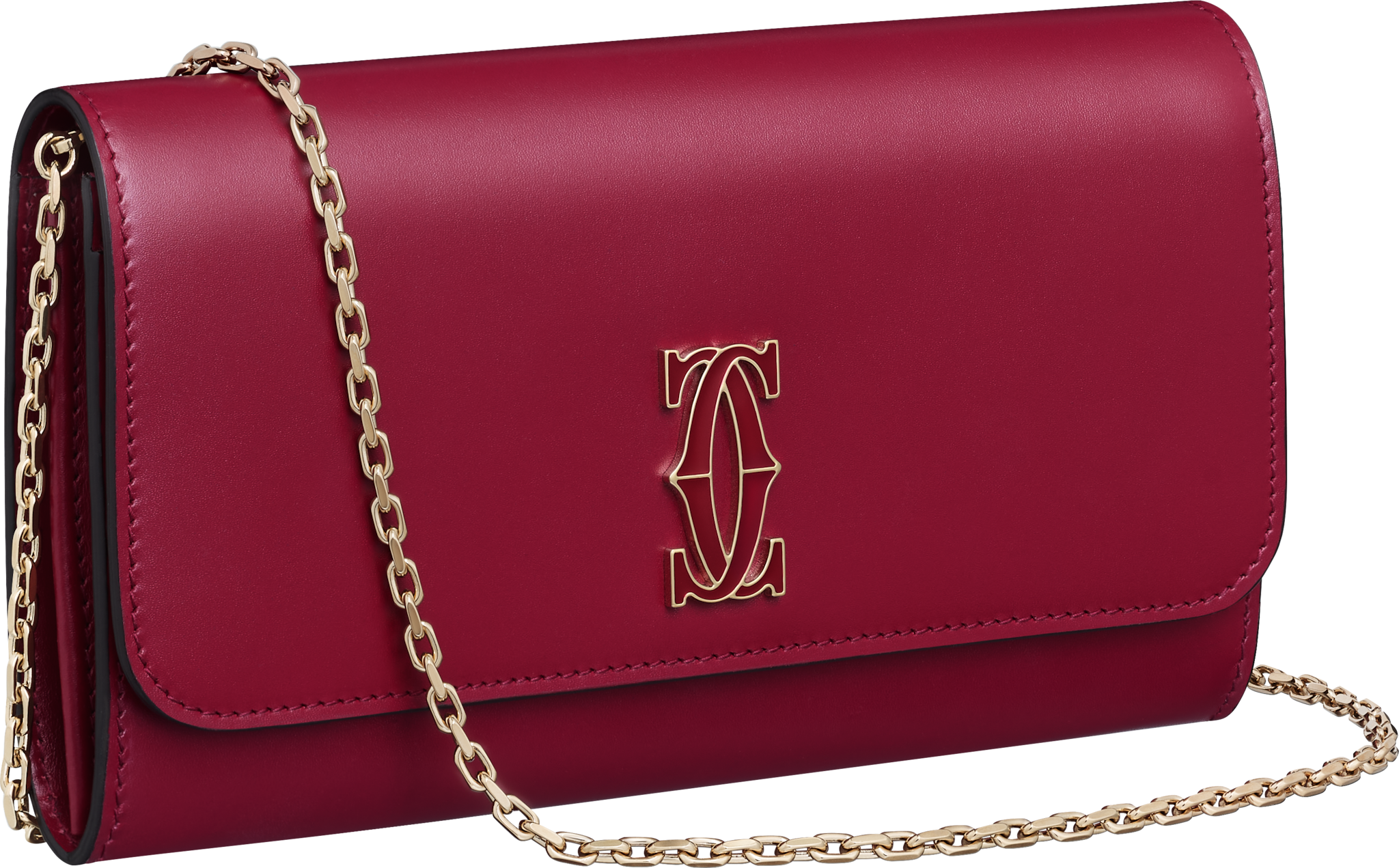 Chain wallet, C de CartierCherry red calfskin, golden and cherry red enamel finish