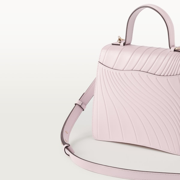 Top handle bag small model, Panthère de Cartier Petal pink calfskin, embossed Cartier signature motif, golden finish