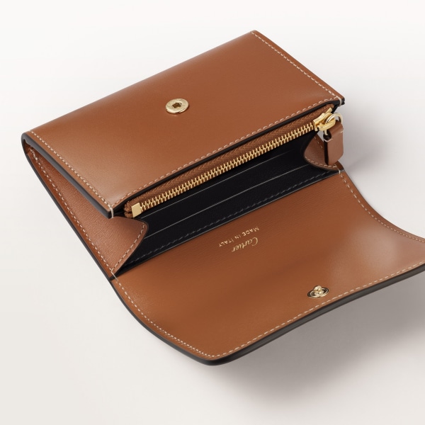 Mini wallet, Panthère de Cartier Caramel calfskin, golden finish