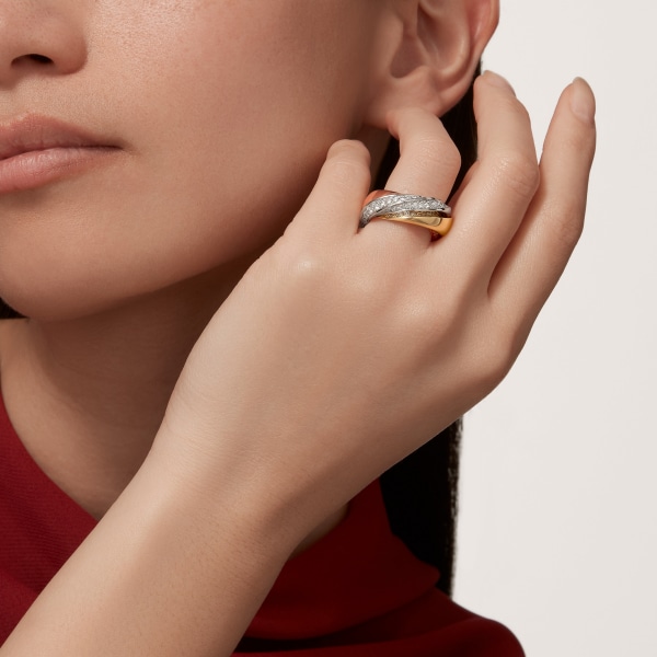 Trinity ring, semi-paved White gold, yellow gold, rose gold, diamonds