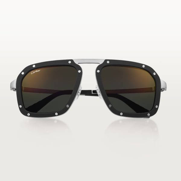 Santos de Cartier Sunglasses Brushed platinum-finish metal, black rubber, black lenses