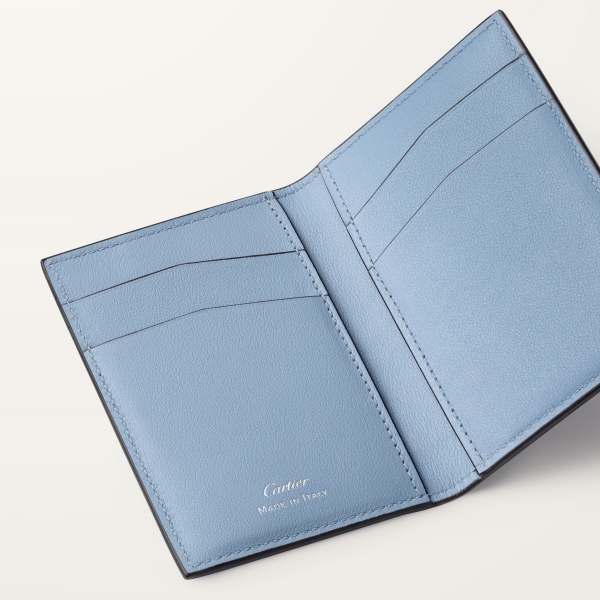 4 credit card holder, Cartier Losange Slate grey and sky blue debossed calfskin with gadroon motif, sky blue enamel and palladium finish