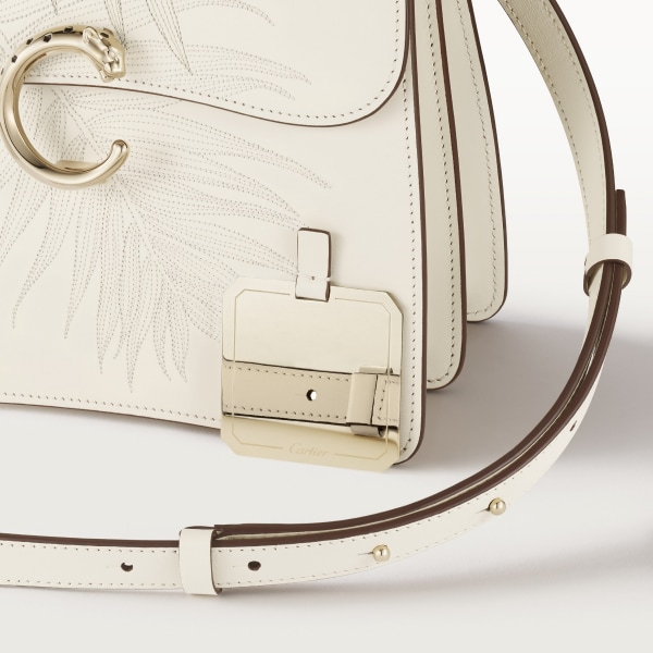 Small model handle bag, Panthère C de Cartier Salt white grained calfskin with jungle embroidery, golden finish