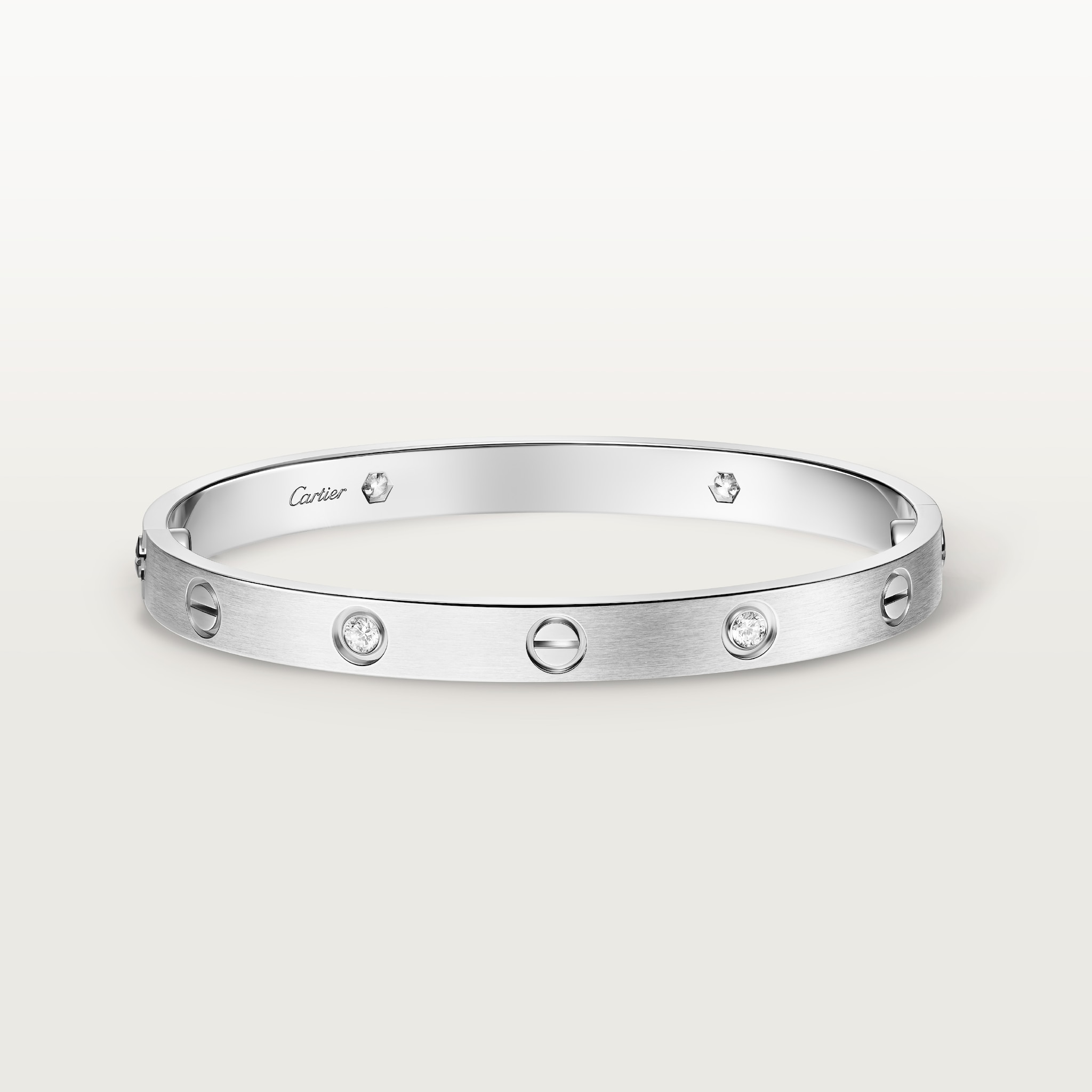 Love bracelet, classic model, brushed, 4 diamondsWhite gold, brushed finish, diamonds