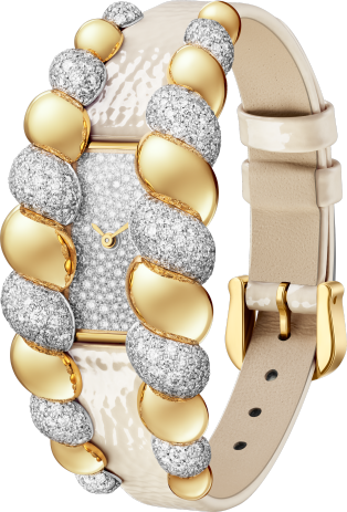 Tressage watch Quartz movement, yellow gold, diamonds, 2 interchangeable leather straps
