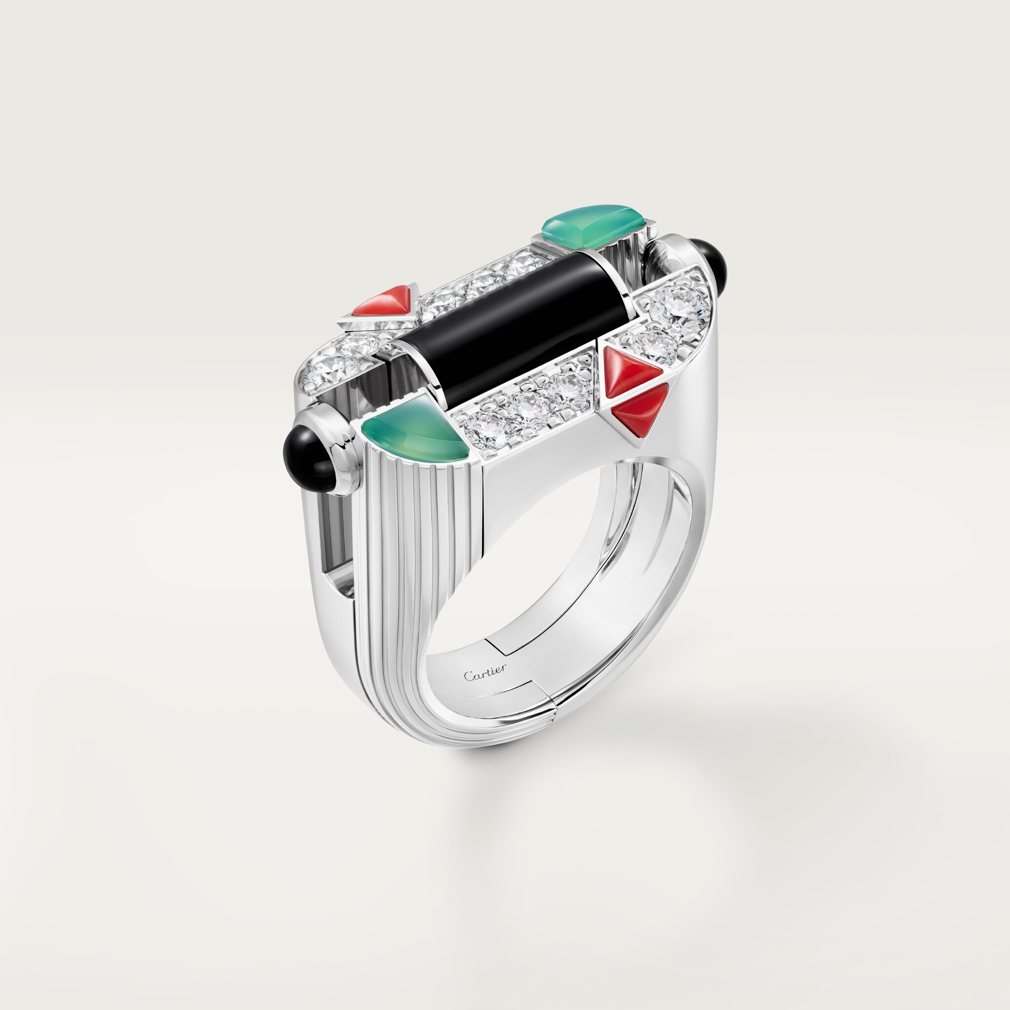 Géométrie & Contrastes ring, chrysoprase, pavedWhite gold, chrysoprase, onyx, coral, diamonds