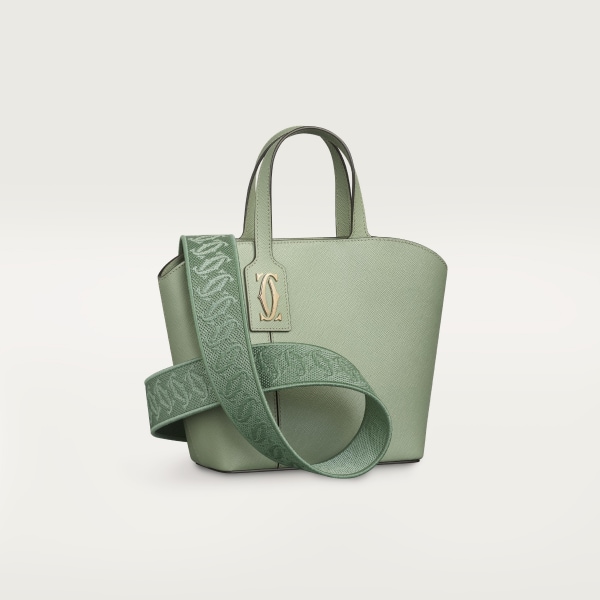 Mini tote bag, C de Cartier Sage green textured calfskin, embroidery, golden finish