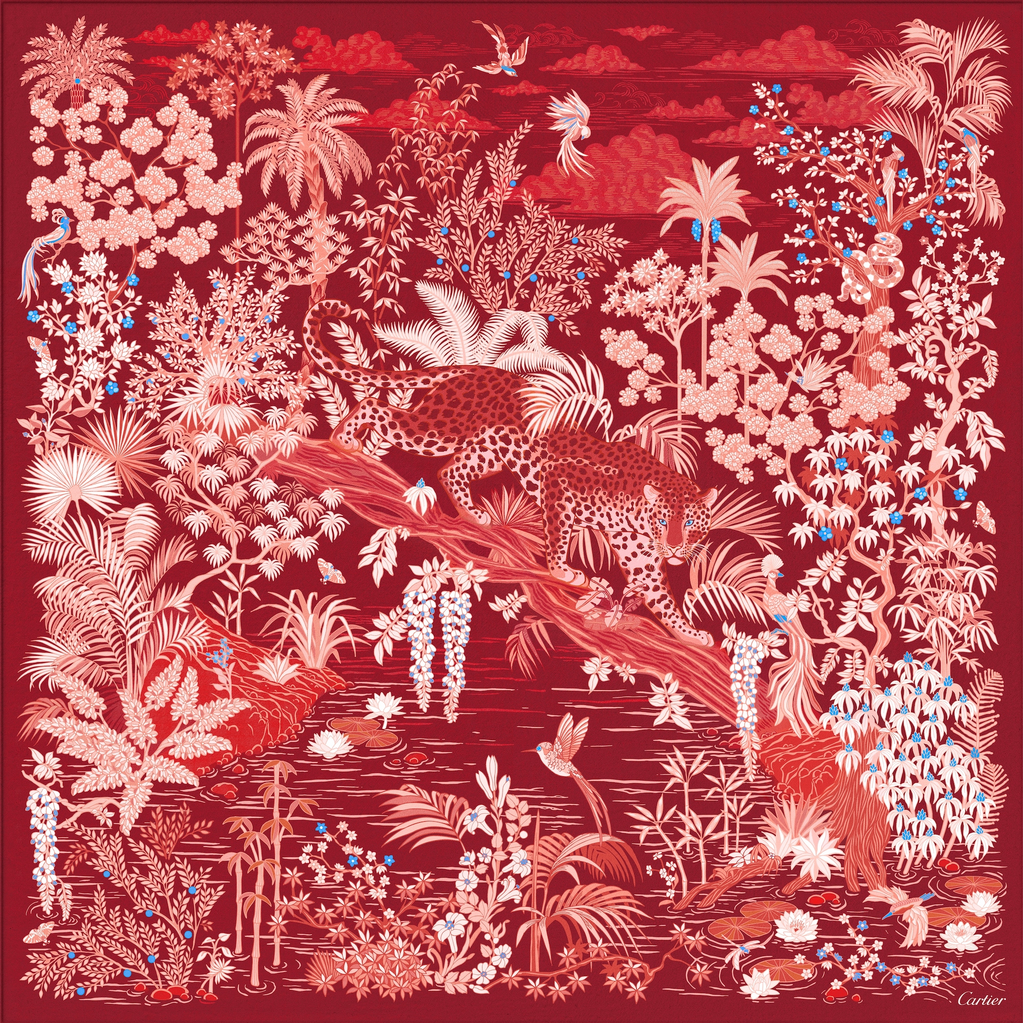 Panthère Faune and Flora 90 scarfBurgundy silk twill