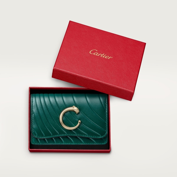 Business card holder with zip, Panthère de Cartier Emerald green calfskin with embossed Cartier signature motif, golden finish