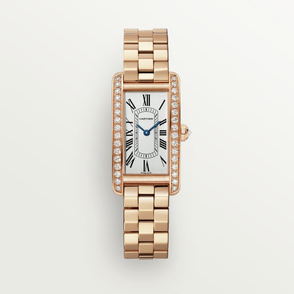 Tank Américaine watch Small model, quartz movement, rose gold, diamonds