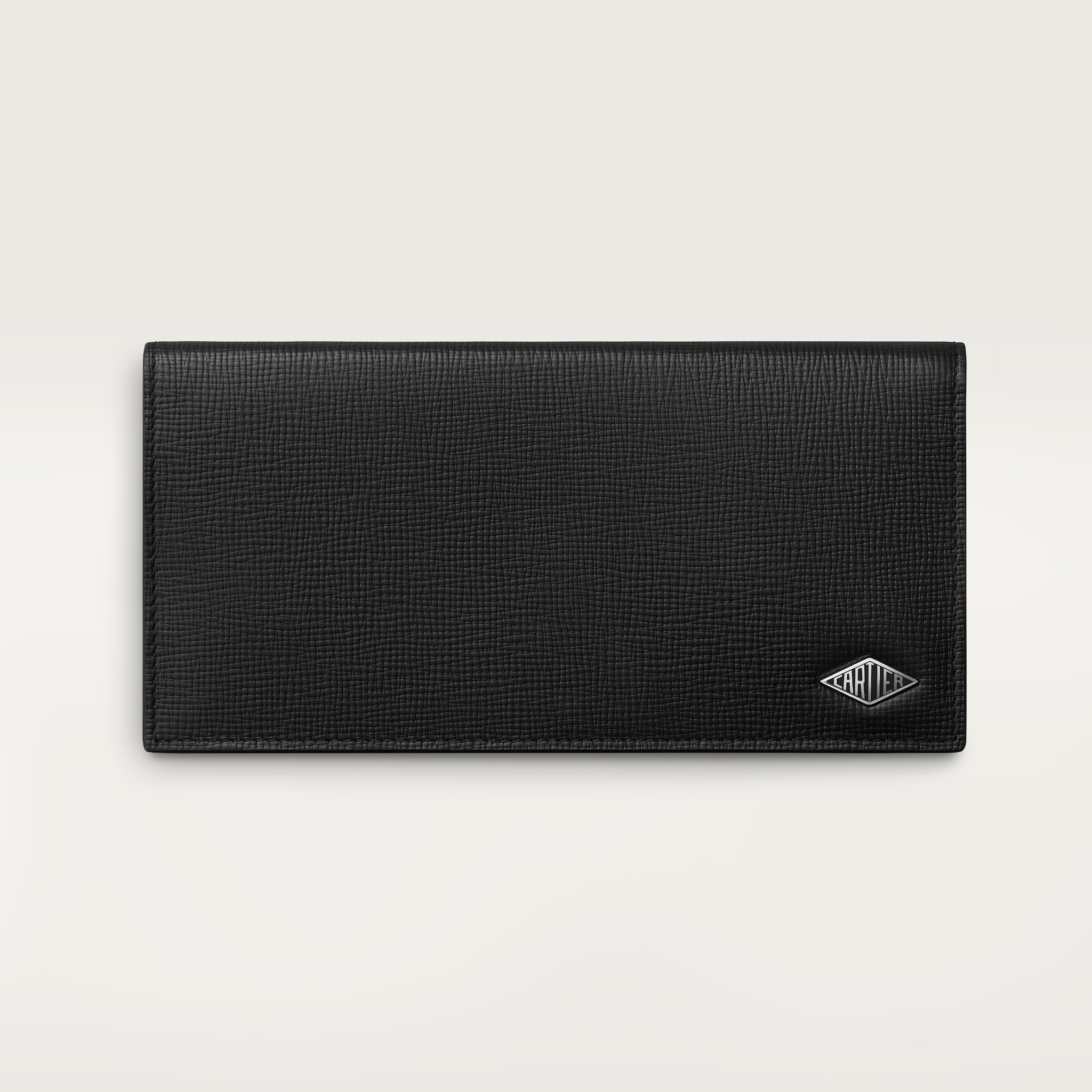 International wallet with zip, Cartier LosangeBlack grained calfskin, palladium finish and black enamel