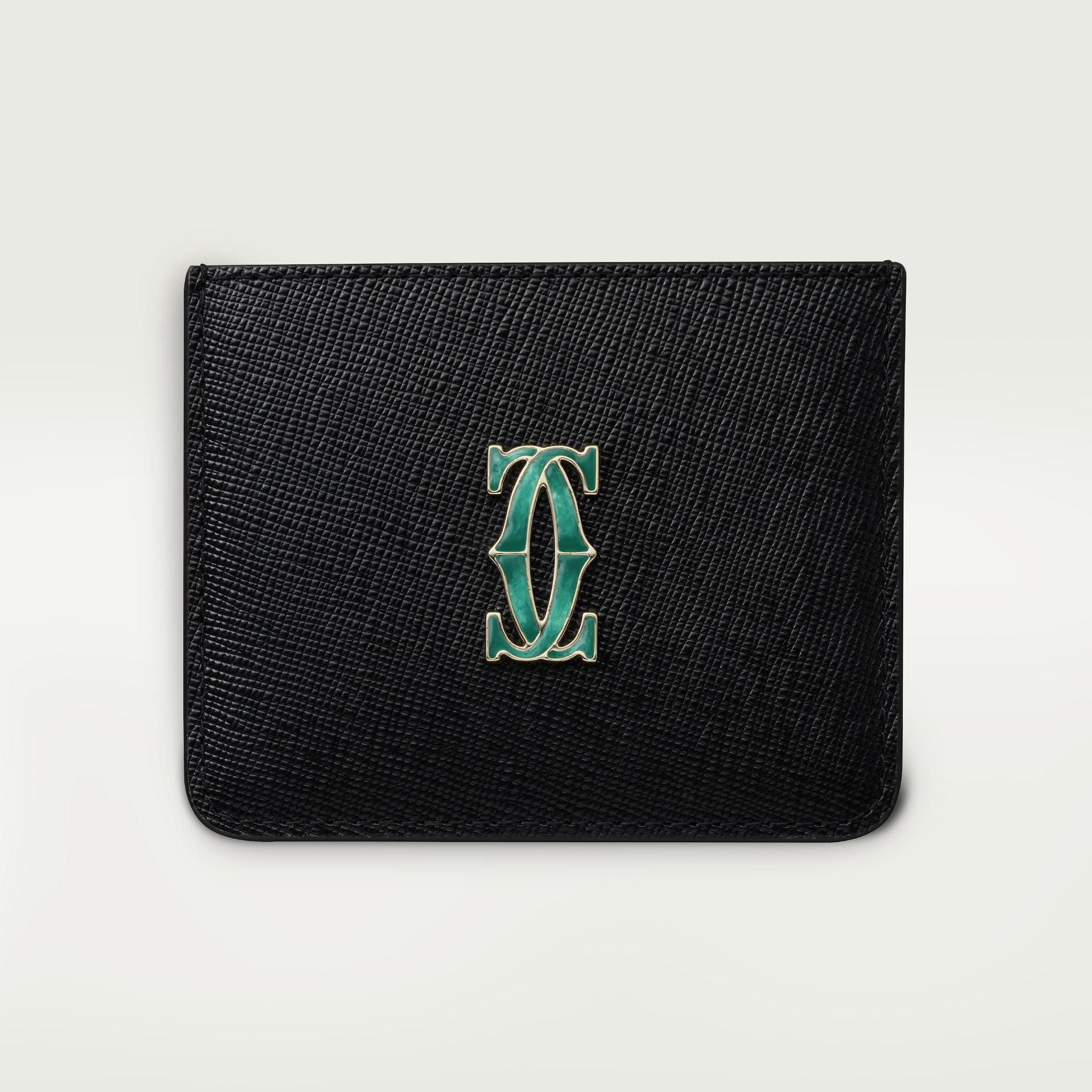 C de Cartier系列单层卡片夹黑色纹理质感小牛皮，镀金饰面和渐变绿色珐琅