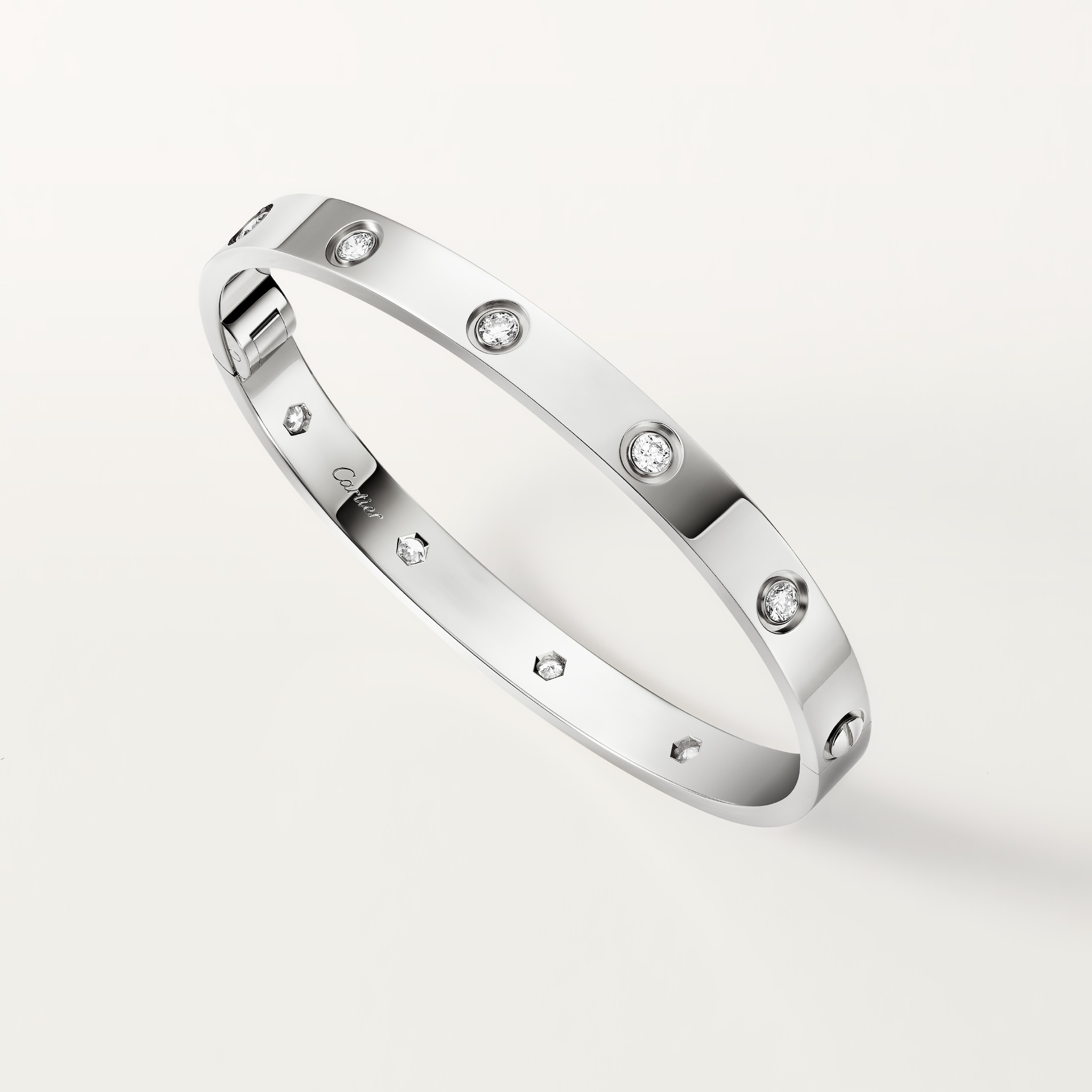 Love bracelet, classic model, 10 diamonds, one screw closureWhite gold, diamonds