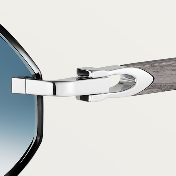Sunglasses with Elongated C de Cartier motif Smooth platinum-finish metal, grey and blue wood, blue gradient lenses