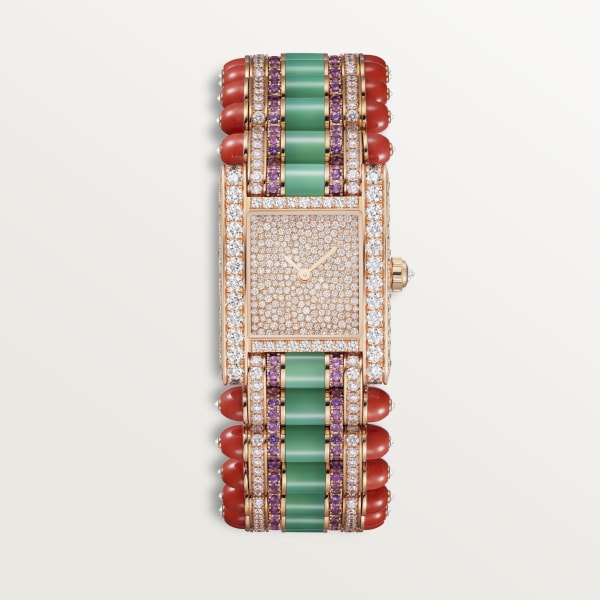Tank jewellery watch Large model, quartz movement, rose gold, diamonds, amethysts, chrysoprase, coral