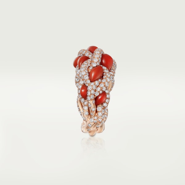 Tressage戒指 玫瑰金，珊瑚，钻石