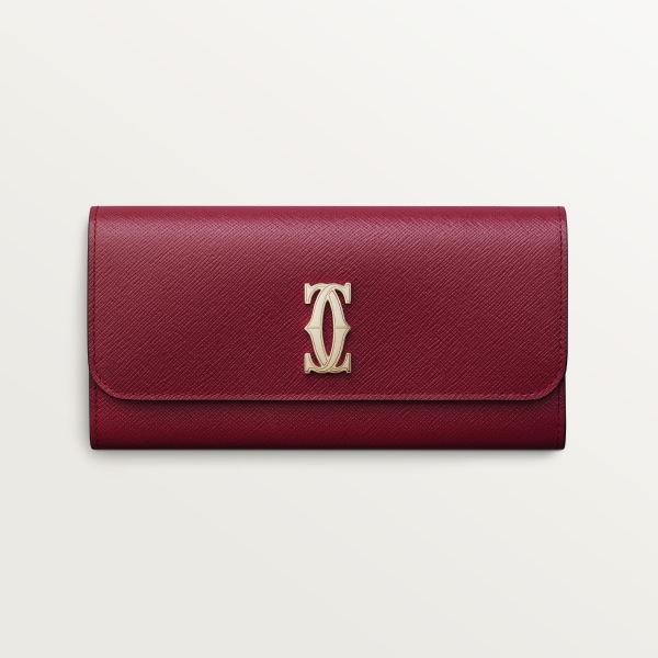 International wallet with flap, C de Cartier Cherry red textured calfskin, golden finish