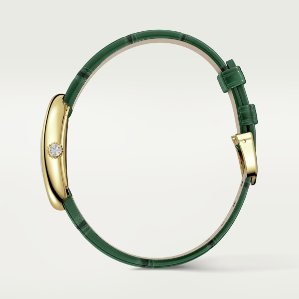 Baignoire watch Small model, quartz movement, yellow gold, diamonds, leather