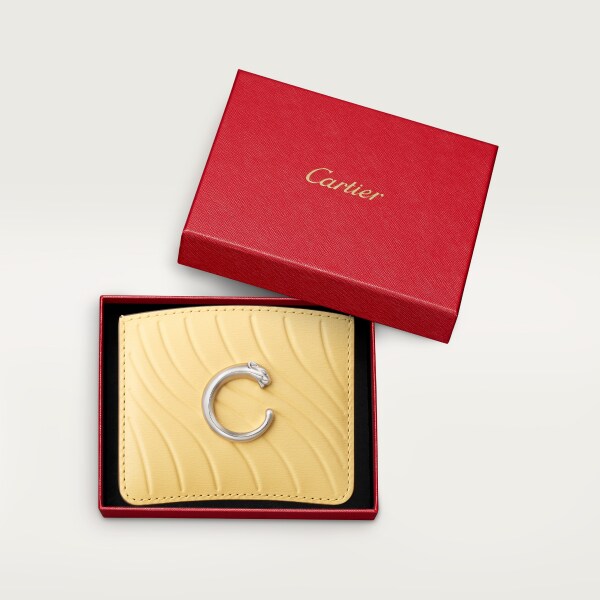 Simple card holder, Panthère C de Cartier Mimosa yellow calfskin, embossed with Cartier signature motif, palladium finish