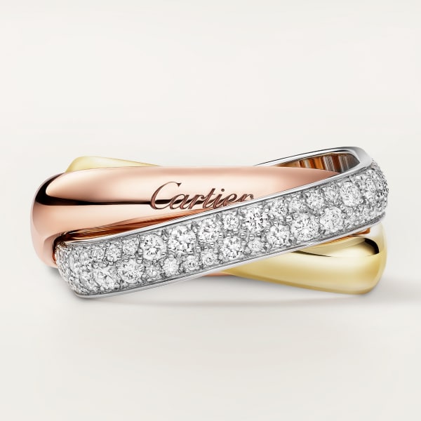 Trinity cushion ring, classic model, paved White gold, yellow gold, rose gold, diamonds