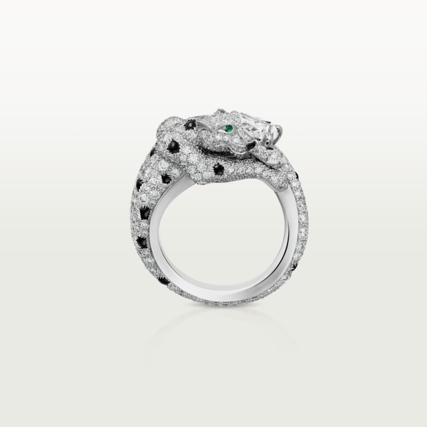 Panthère de Cartier ring, cushion-cut diamond, paved  White gold, emeralds, onyx, diamonds